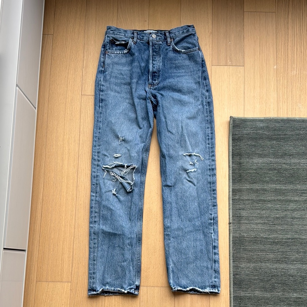 Agolde High Rise Blue Jeans with Distressed Details